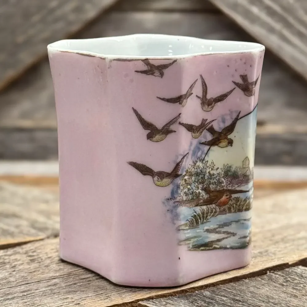 19th Century Victorian Pink Bone China Wishbone Handled Cup w/ Winter Landscape